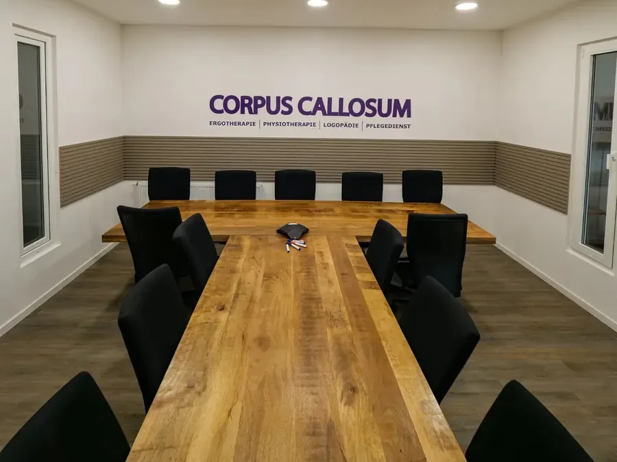 Sala riunioni con lungo tavolo di legno e Corpus Callosum